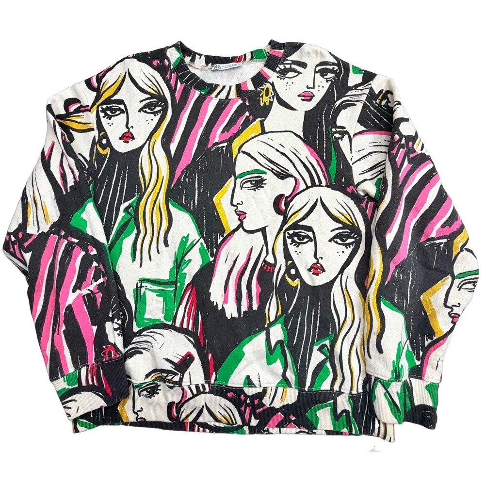 Zara Women's Small Cream Multicolor Pop Art Face Print Crewneck Sweatshirt